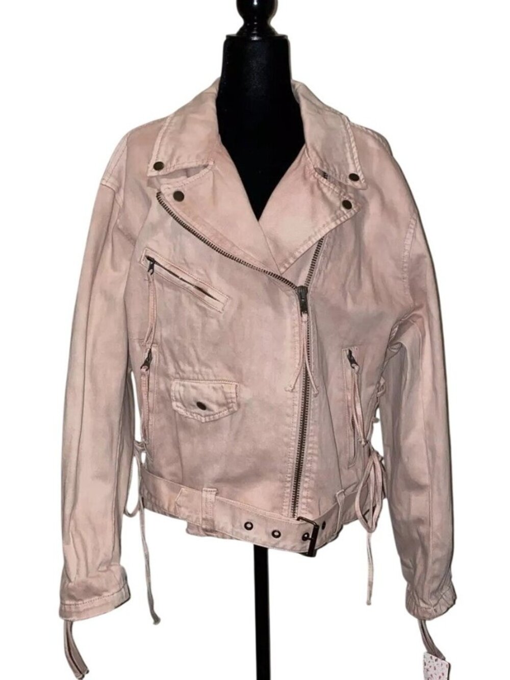 Free People Jacket Moto Washed Rose Pink Denim Lace Up Sides Belted Zippers M - Picture 3 of 6